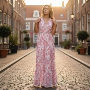 In Loom Pink and White Floral Maxi Dress Tie Neck, Size M